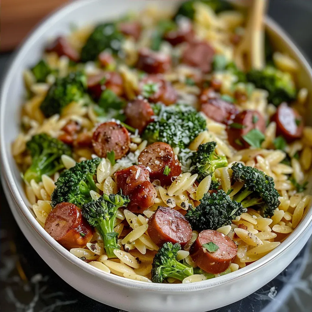 Chicken Sausage and Broccoli Orzo – Easy One Pan Dinner - Recipe Image