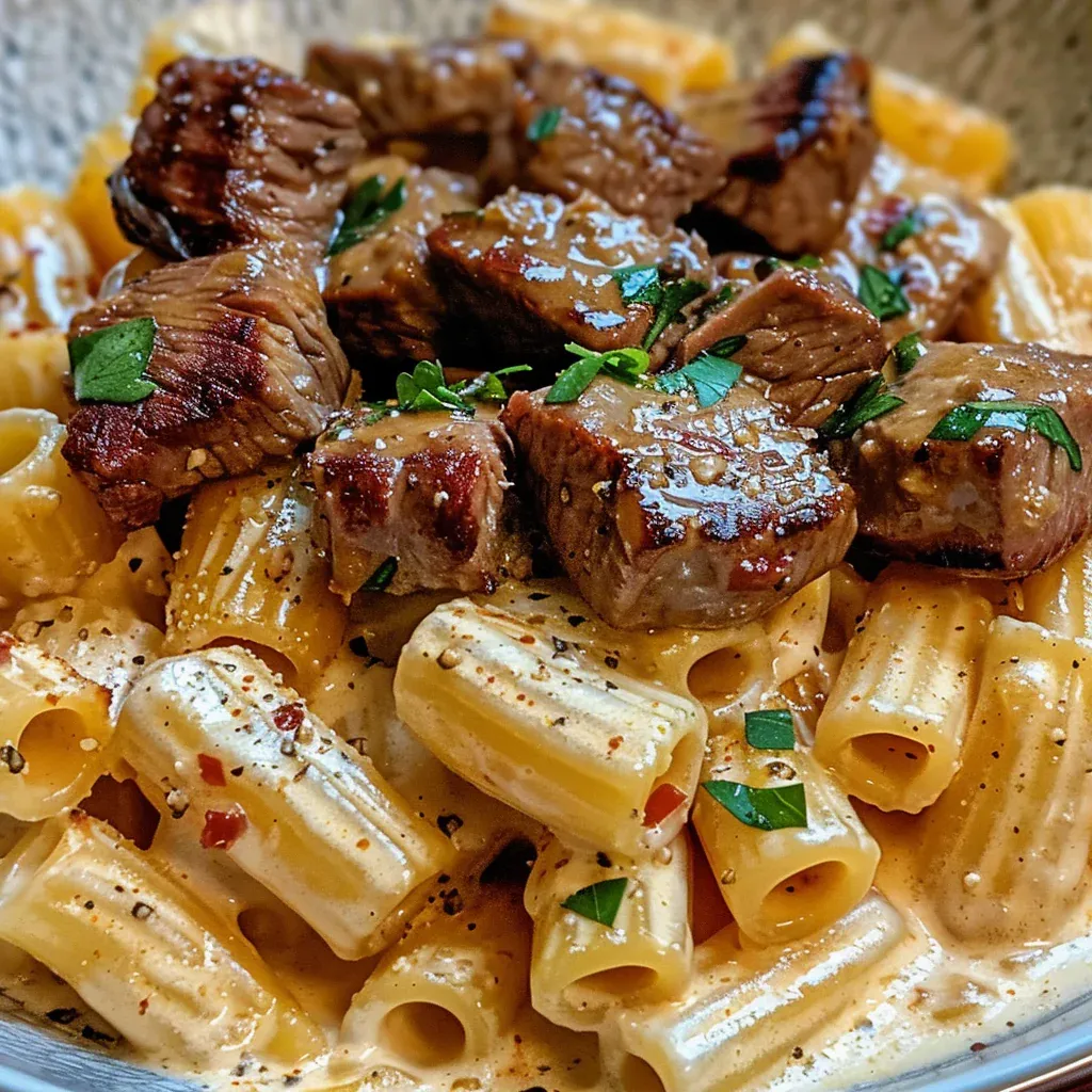 Cajun Steak Tips with Cheesy Rigatoni Parmesan Sauce - Recipe Image